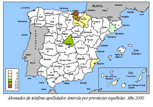 Cuadro de texto:  
Abonados de telfono apellidados Amrola por provincias espaolas. Ao 2000

